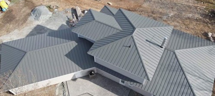 Manufacturer photograph of a roof with Scotia Metal Portland standing-seam panels